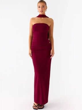 Peppermayo Strapless Burgundy Maxi Dress with Neck Detail
